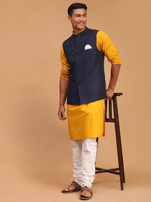 Vastramay Men's Navy Blue Solid Cotton Nehru Jacket With Mustard Kurta And White Pyjama Set